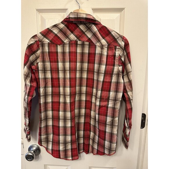 Wrangler Boys L Shirt‎ Pearl Snap Red Brown Plaid Western Cowboy Stitched Pocket - Picture 7 of 10